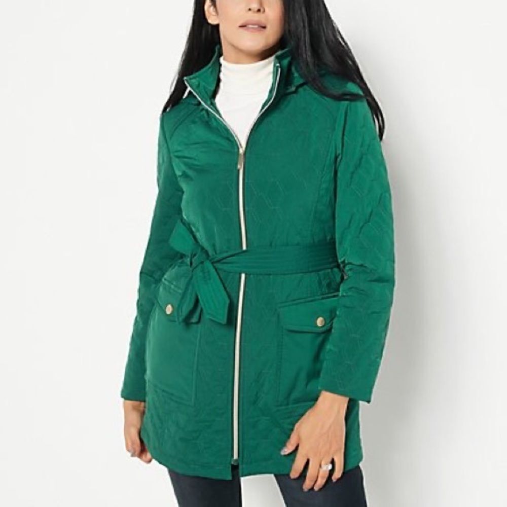 Dennis Basso Water Resistant Quilted Coat with Belt